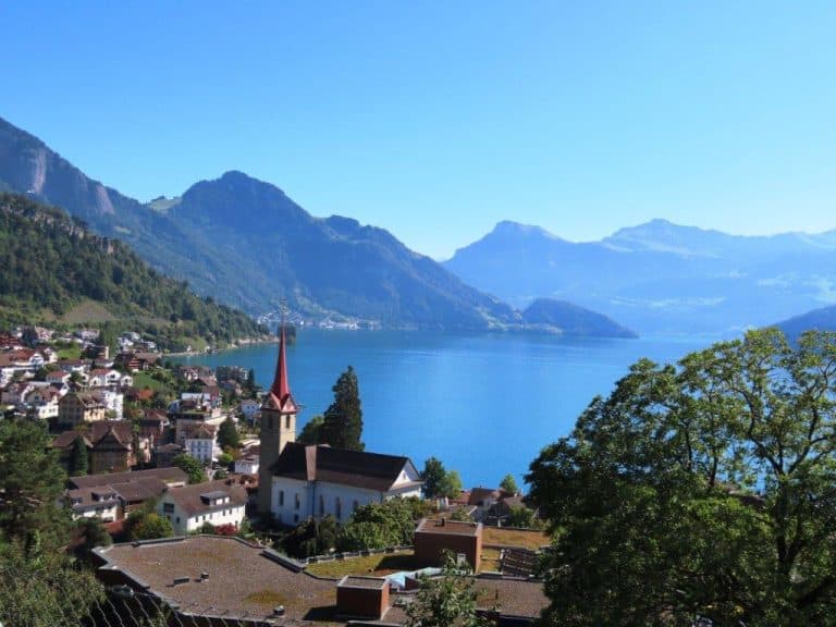 Gorgeous mountains surround the deep blue Lake Lucerne in Switzerland