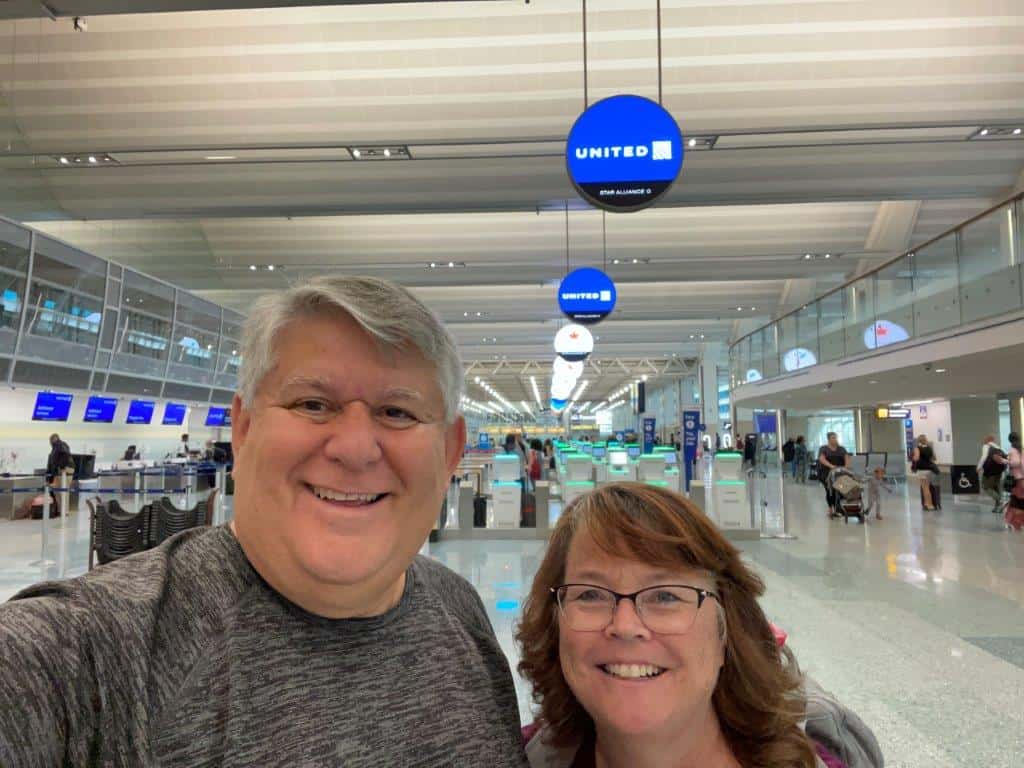 Kari & Bill at the airport, ready to travel to Africa for our safari experience