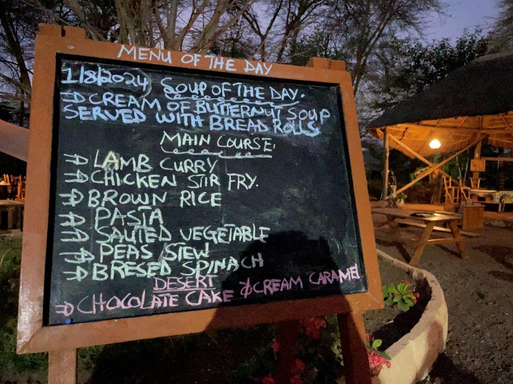The dinner menu board displayed at the Lake Manyara Lodge