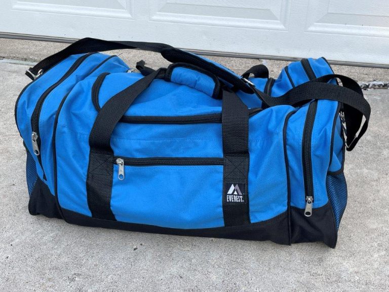 Blue duffle bag with black straps