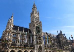 The beautiful New City Hall in Munich Germany is where the Glockespiel plays to large crowds several times a day.