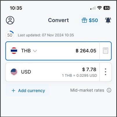 The Xe conversion app is great for calculating Thai Bahts to US Dollars.