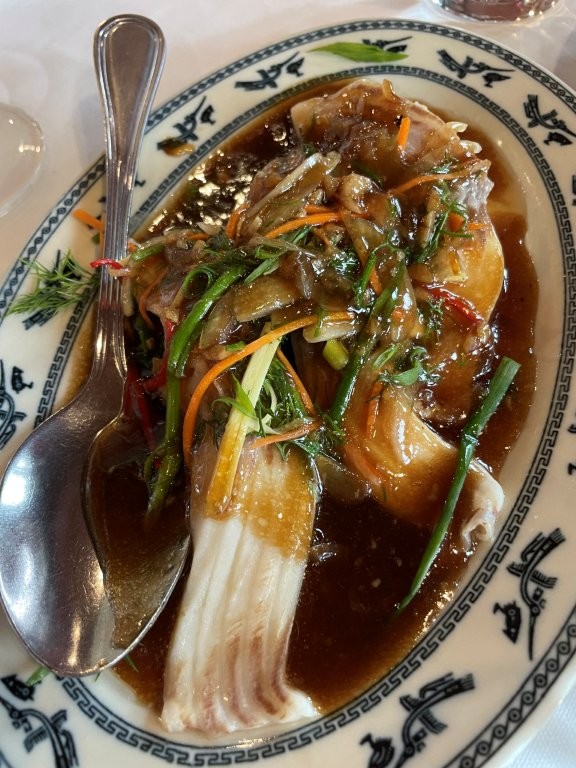 A bowl and spoon with Roasted chicken with Ginger sauce and thin sliced vegetables.