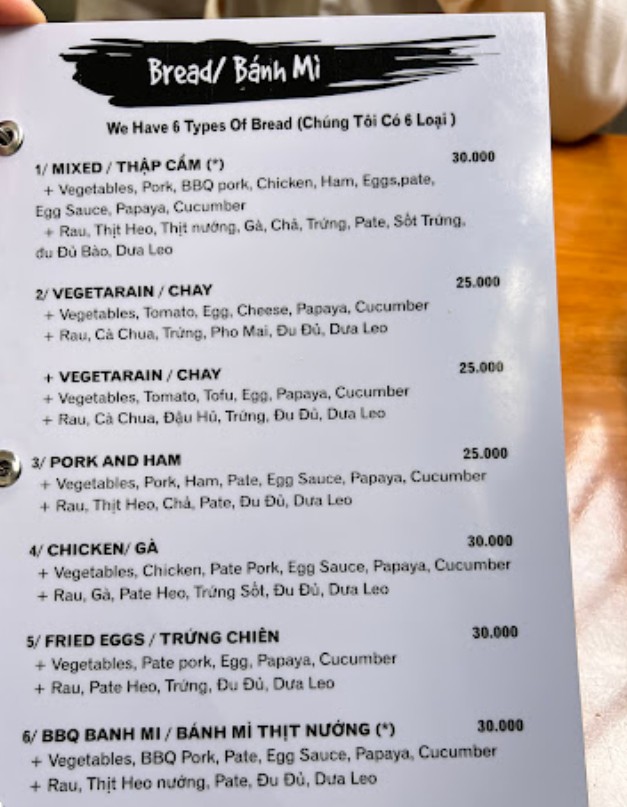 Menu for a restaurant showing different choices for sandwich fillings.