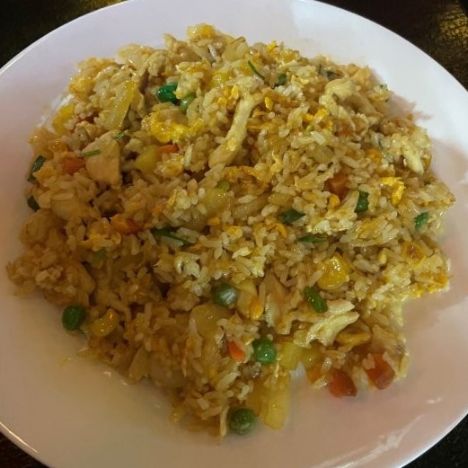 Chicken Fried Rice on a white plate.