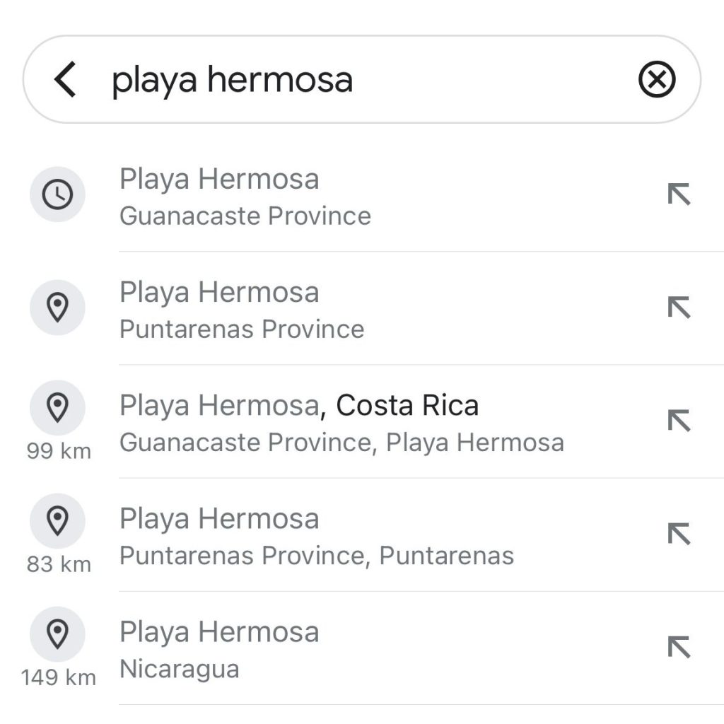 Screen shot of a maps app showing 7 different options for Playa Hermosa, each in a different area.