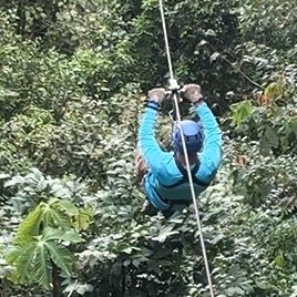 Person in a bright blue shirt and navy helmet holds on to the zipline over his head as he flies over the rainforest. Ziplining is one of the most popular things to do in Kaikoura