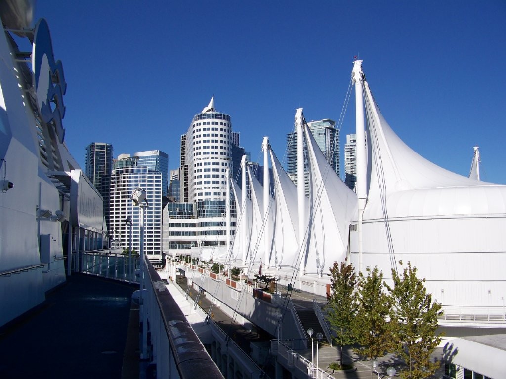 The white peaks at Canada Place resemble sails as this is the cruise ship port in Vancouver, BC