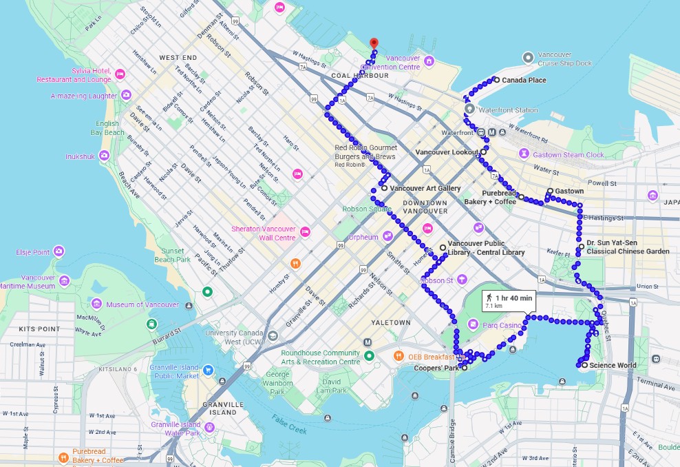 Map showing a walking path through downtown Vancouver, VC with spots identified to stop and visit.