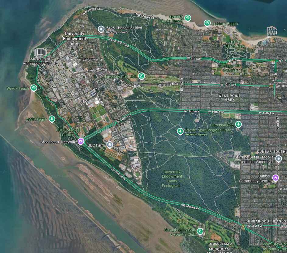 A map showing the area that is included in Pacific Spirit Regional Park, located just outside of Vancouver BC.