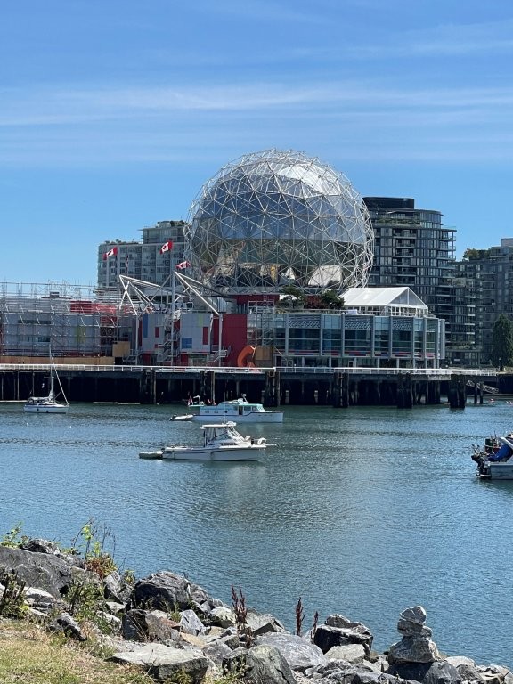 A silver ball represents the Science Museum in Vancouver, located on the shores of False Creek.