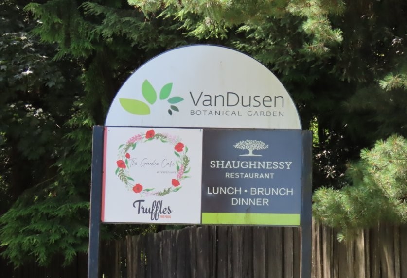 The sign at the VanDusen Botanical Garden lets visitors know about dining options on the property.
