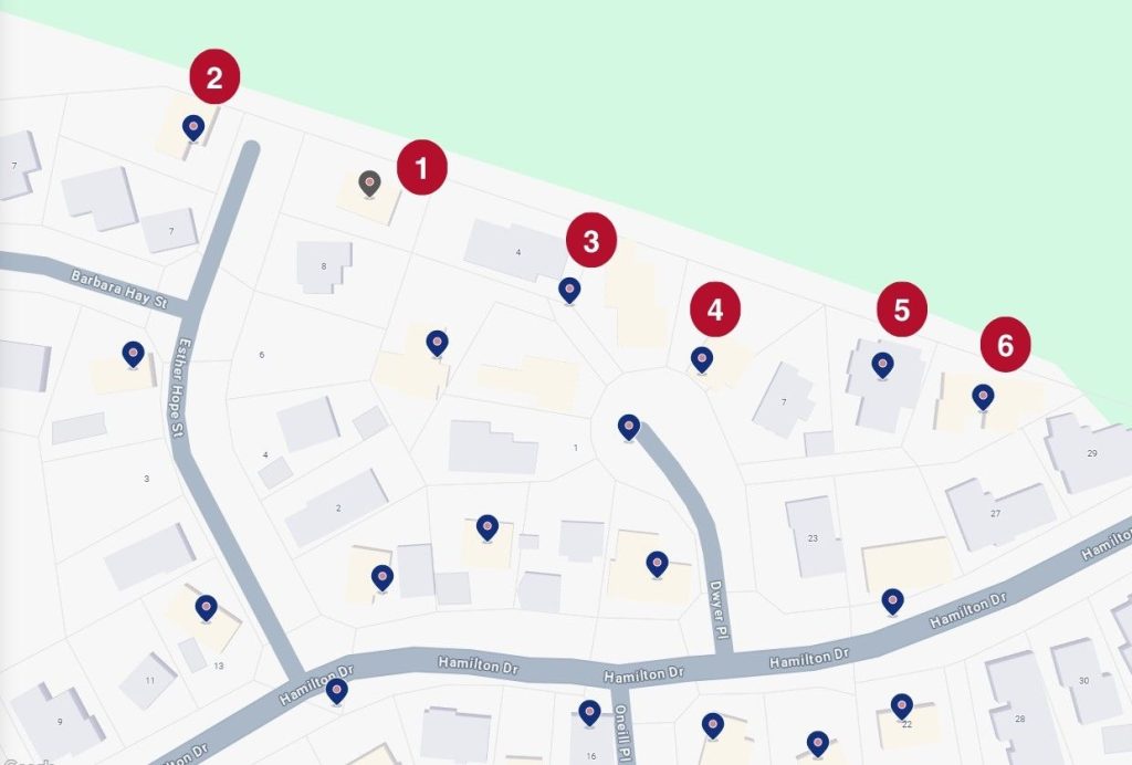 Map showing red circles identifying the best rental accommodations to do Lake Tekapo Stargazing