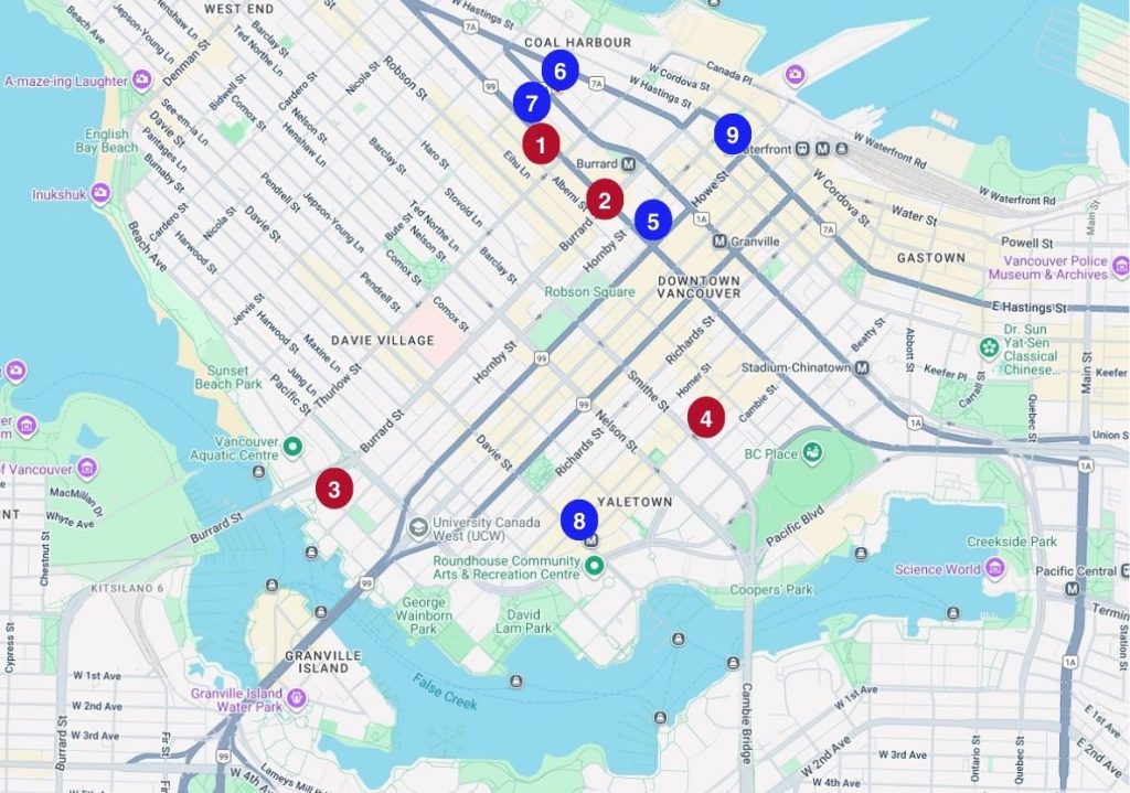 Map showing locations of luxury and mid-range hotels in downtown Vancouver
