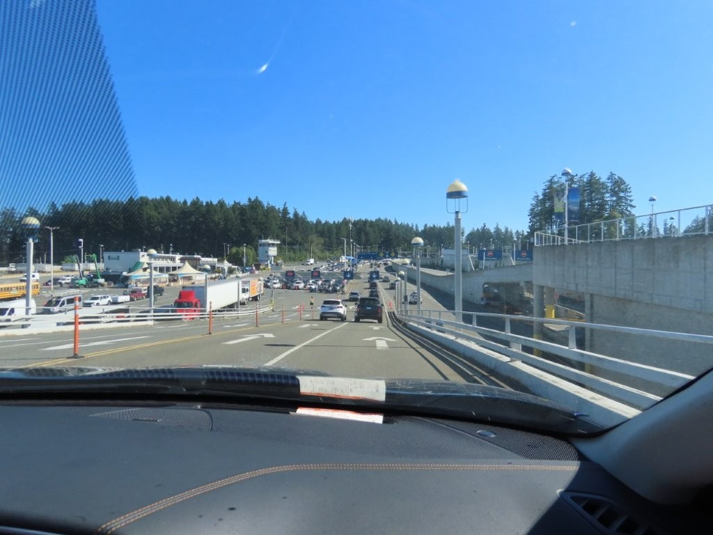View from a car as it disembarks the BC Ferry at Swartz Bay Terminal on Vancouver Island, heading toward Victoria.
