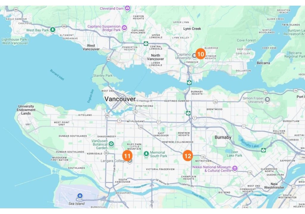 Map showing budget hotel locations near Vancouver with distances to downtown and key attractions