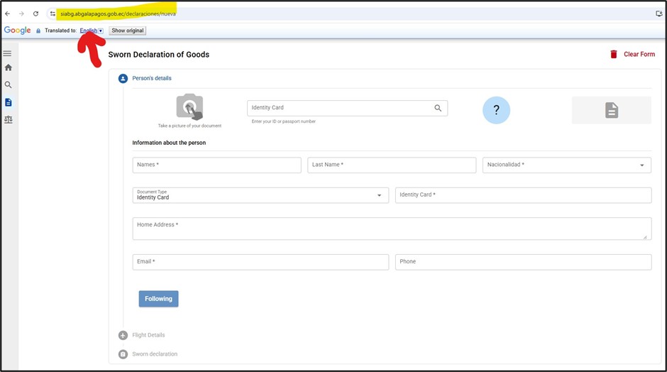 A translated online form asks travelers to enter personal information for the Galapagos Sworn Declaration of Goods. Filling this out on a computer is much easier than trying to complete it on a phone at the airport.