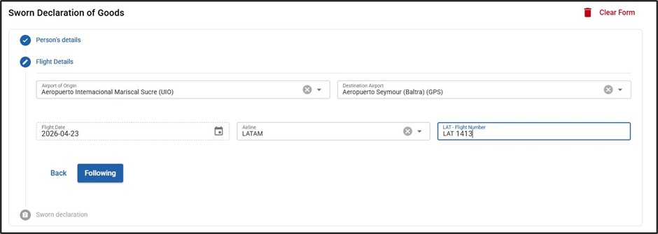 The Galapagos declaration form shows fields for airport origin, destination, flight date, airline, and flight number. Having your flight details ready helps you move through the required Galapagos entry paperwork faster.