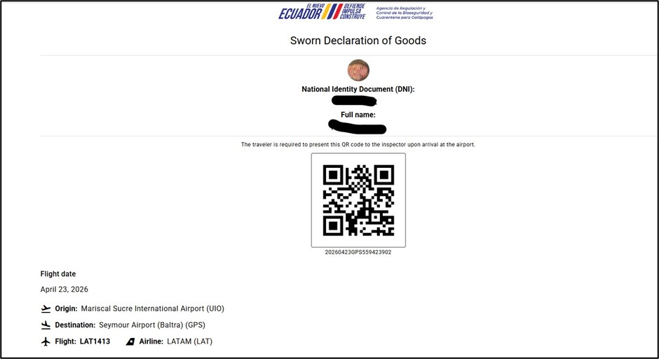A completed Sworn Declaration of Goods form displays a QR code with personal details blacked out for privacy. Saving this QR code as a screenshot makes it easier to show inspectors during the Galapagos airport process.