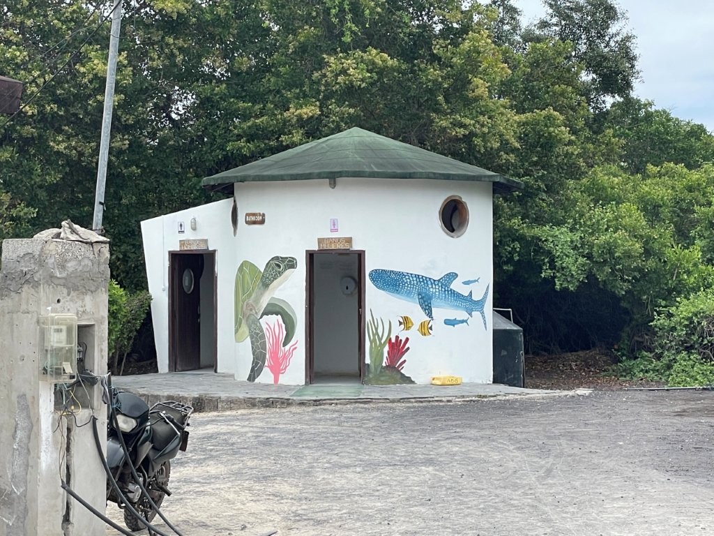A free bathroom is available near the Ferry Pier and Concha de Perla. It is a white round building with a green roof and turtles and sharks painted on the walls.