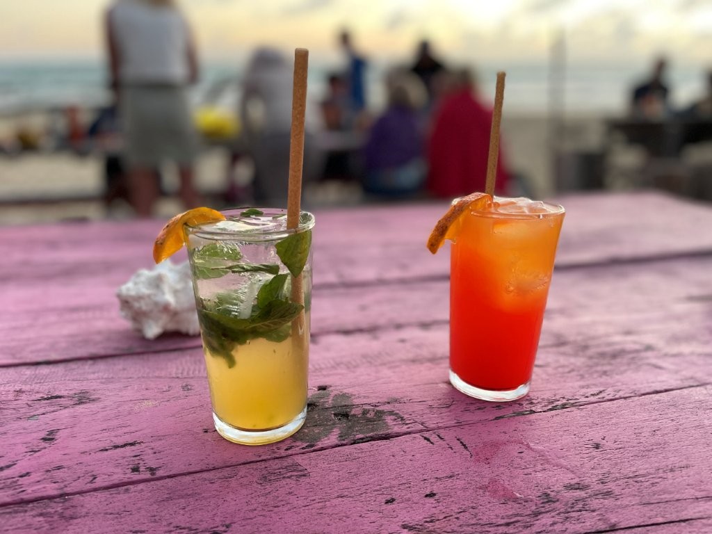 Two colorful cocktails sit on a pink wooden table overlooking the beach at sunset on Isabela Island. Relaxing at the Pink Iguana Bar was one of our favorite ways to slow down after exploring.