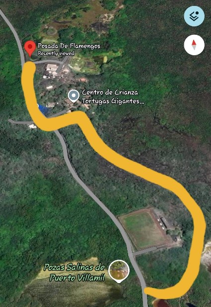 A green map showing a yellow path of the walking trail to the Tortoise Center on Isabela Island in the Galapagos.