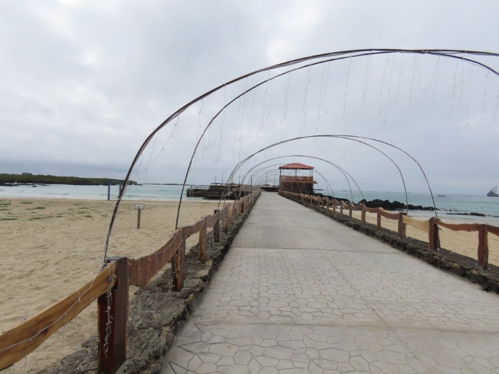 A long paved pier with wooden railings stretches out over sandy beach and calm water toward a small covered lookout at the end. This shows the main pier in Puerto Villamil, a great free spot to walk and look for marine life on Isabela Island.