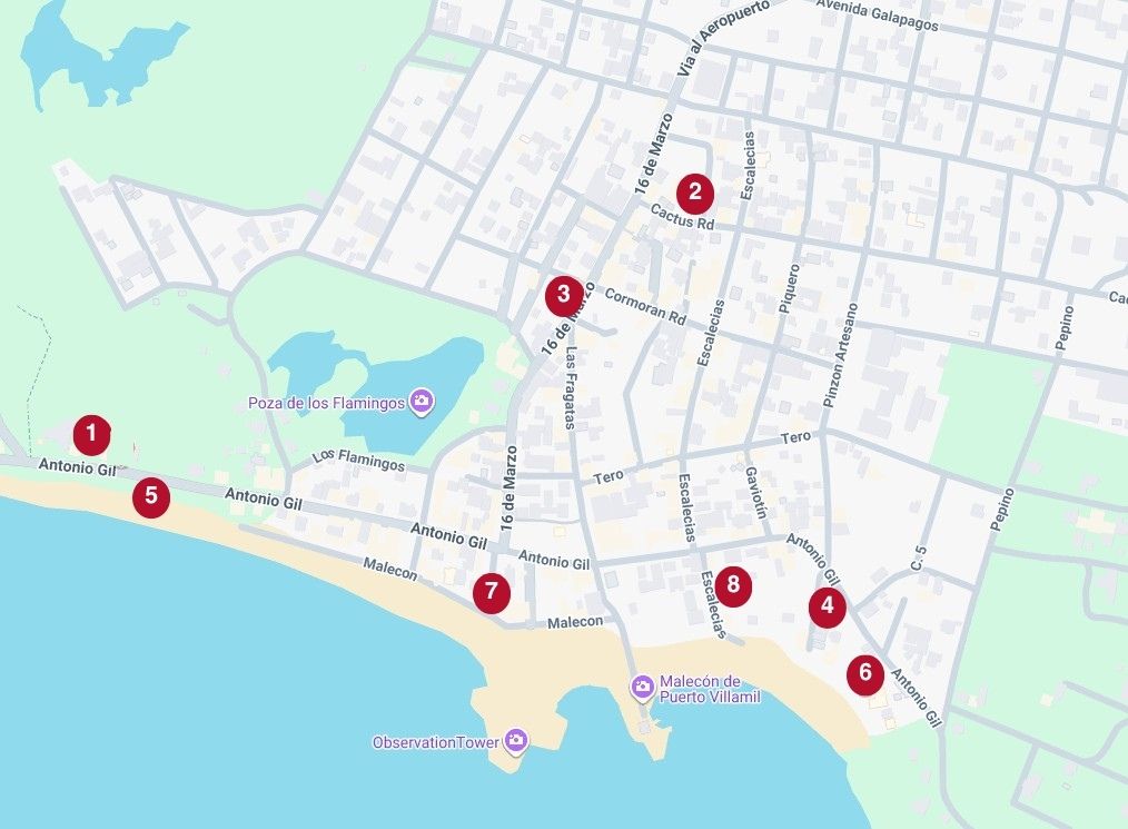 Map of Puerto Villamil on Isabela Island in the Galapagos showing red dots numbered to match the numbered recommended hotels on this guide about where to stay.