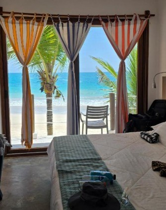 A bedroom overlooks swaying palm trees and turquoise water through large glass doors. Mi Playa Apartments is ideal for travelers who want beachfront views without leaving their room.