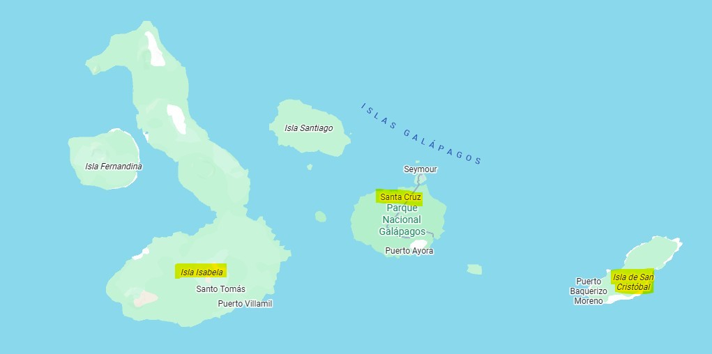 A close-up map of the Galapagos Islands highlights Isabela, Santa Cruz, and San Cristobal in yellow against bright blue ocean. This shows the three main land-based islands most first-time Galapagos visitors use for land-based travel.