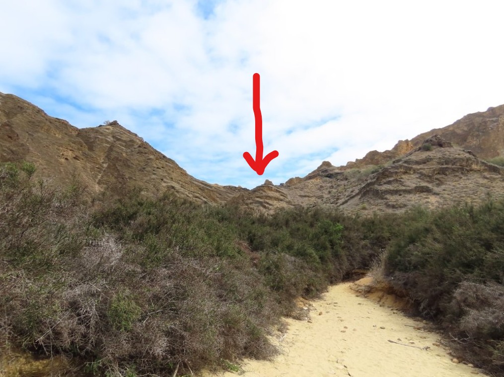 Rocky hills rise up out of San Cristobal in the area known as Punta Pitt or Pitt Point. A large red arrow shows the point that we had to climb up to. It maybe doesn't look to bad, but it was a very challenging climb!