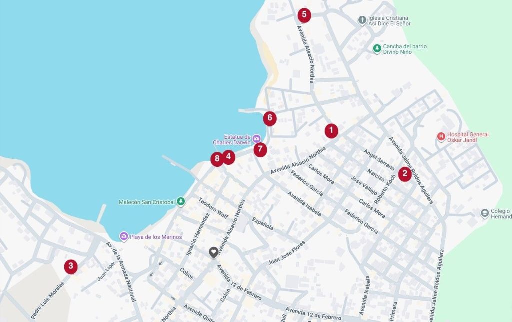 Map showing streets and water with red dots indicating locations of the hotels recommended in this guide. 