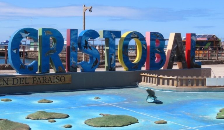 The colorful San Cristóbal sign on the waterfront celebrates the island’s wildlife and marks a fun photo stop in Puerto Baquerizo Moreno.