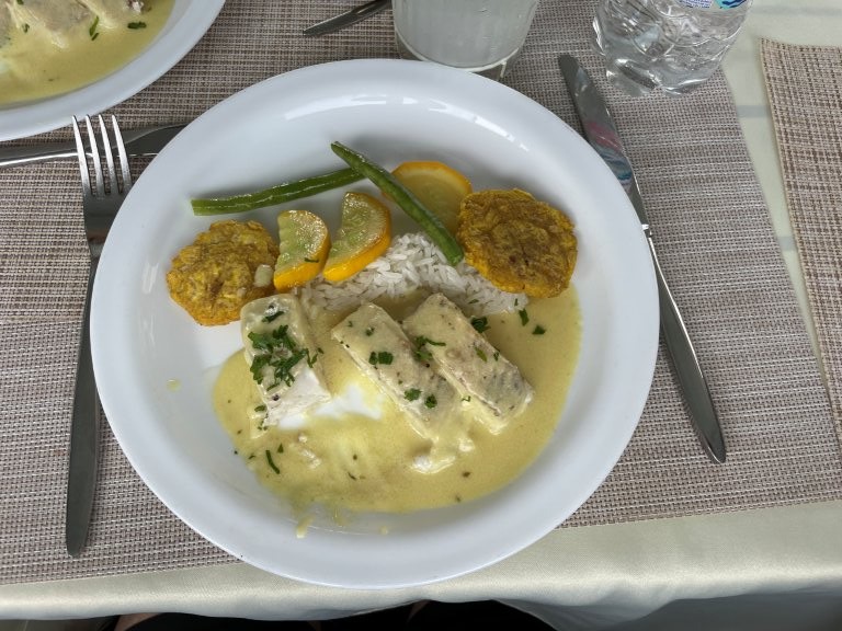 A white plate holds fish in pale yellow sauce with rice, vegetables, green beans, and fried plantain rounds on a boat lunch table.