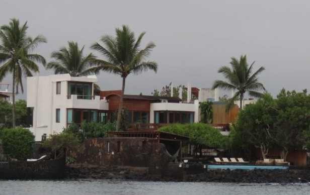 A modern waterfront property sits along the rocky shoreline with palm trees, terraces, and ocean views stretching across the bay. Villa Escalesia stands out for travelers looking for a luxury stay in Santa Cruz Galapagos with a quieter waterfront setting right in Puerto Ayora.