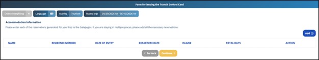 The Galapagos TCT form shows an accommodation information screen where travelers can add each place they will stay. This section matters if you are island hopping or staying in multiple accommodations during your Galapagos trip.