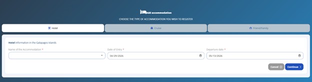 The Galapagos Transit Control Card form shows the hotel accommodation tab with fields for property name and travel dates. Hotel details are required when registering where you will stay in the Galapagos Islands.
