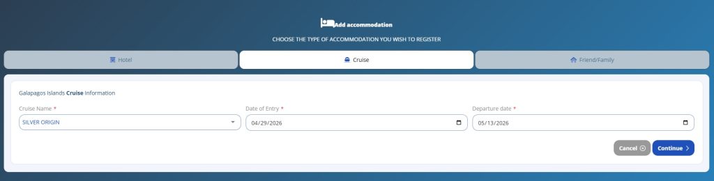 The Galapagos Transit Control Card form shows the cruise accommodation tab with fields for cruise name and travel dates. Cruise travelers need to enter their boat information when completing the TCT before visiting the Galapagos Islands.