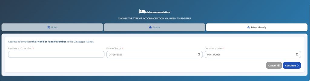 The Galapagos TCT form shows the Friend/Family accommodation option with a required resident ID number field. This is the section travelers may need for Airbnb or private rental stays in the Galapagos.