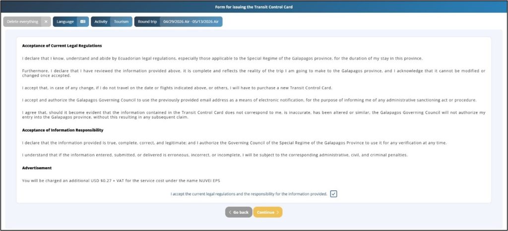 The Galapagos Transit Control Card form displays legal regulations and information responsibility terms with a checkbox at the bottom. Accepting the terms is one of the final steps before choosing payment for the TCT.