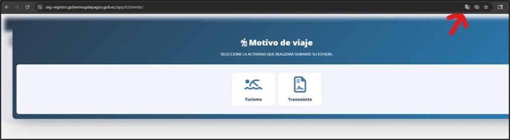 A browser translation option appears at the top of the Galapagos Transit Control Card website with a red arrow pointing to it. Translating the TCT page into English makes the online form much easier for first-time visitors.
