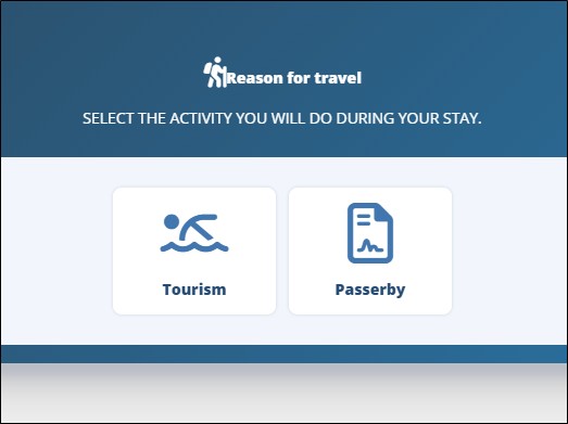 Reason for travel.jpg – The Galapagos Transit Control Card form shows two options for reason for travel, including tourism and passersby. Choosing the correct travel reason is one of the early steps in completing the TCT form.