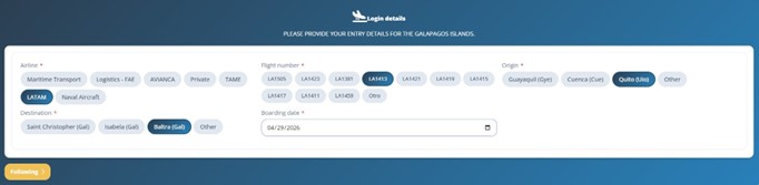 The Galapagos Transit Control Card form shows arrival flight details for a LATAM flight from Quito to Baltra. Entering the correct arrival flight information is required before traveling to the Galapagos Islands.