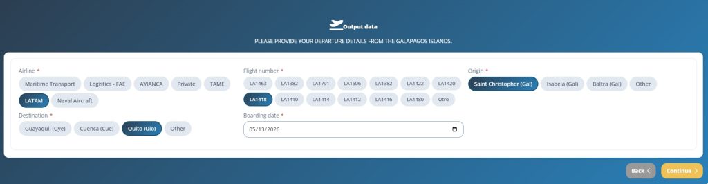 The Galapagos Transit Control Card form shows departure flight details from San Cristobal back to Quito. Adding your return flight information is part of completing the Galapagos entry process before your trip.