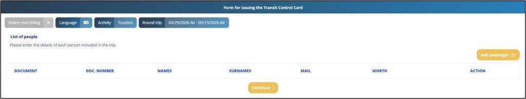 The Galapagos Transit Control Card form shows the passenger entry screen with an option to add traveler details. This step is where visitors begin adding each person included in the trip before traveling to the Galapagos Islands.