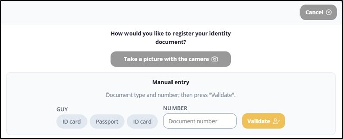 The TCT form asks how travelers want to register their identity document, with options for camera upload or manual passport entry. Manual entry can be easier when completing the Galapagos Transit Control Card on a laptop before travel day.
