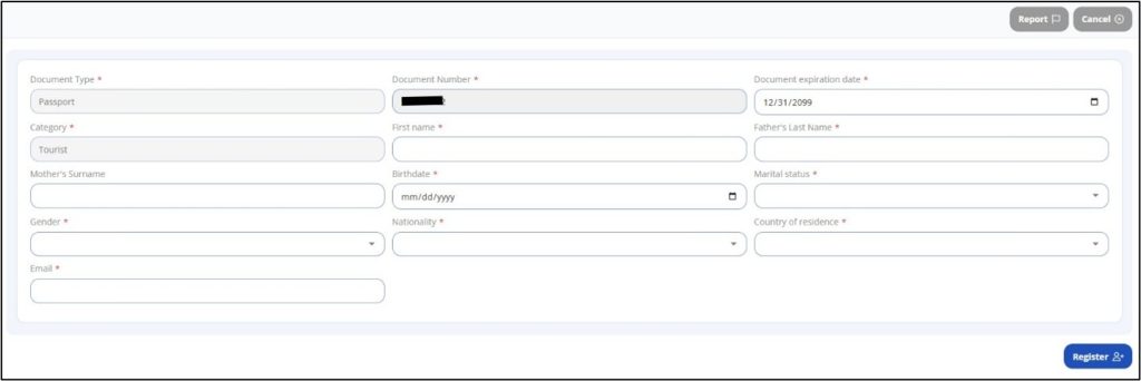 The Galapagos TCT passenger form shows fields for passport details, name, birthdate, nationality, residence, gender, and email. This is one of the most important screens to complete carefully when applying for the Galapagos Transit Control Card.
