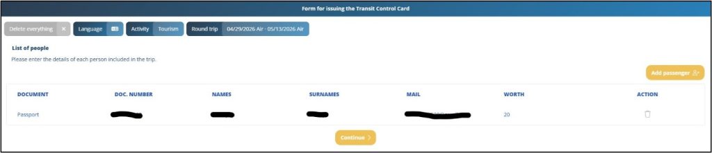Passenger-info-entered.jpg – A completed passenger row appears in the Galapagos Transit Control Card form with personal details blacked out for privacy. Double-checking this screen helps prevent mistakes before continuing the TCT application.