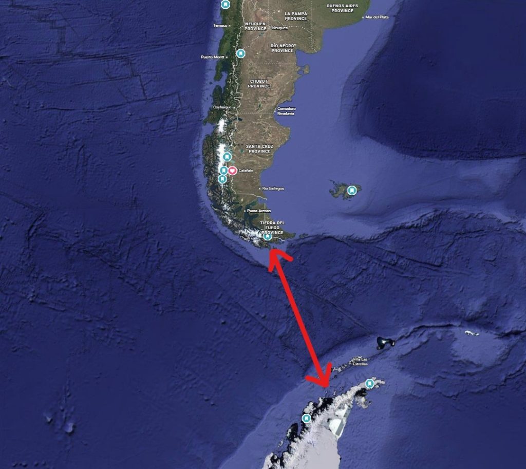 A map shows the tip of South America and the Antarctica continent with a red arrow showing the space between them. This is the Drake Passage that must be crossed to reach Antarctica