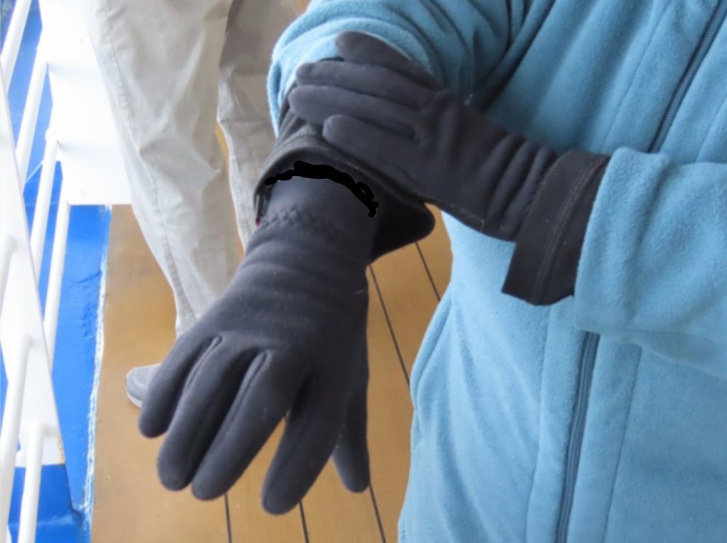 - A close-up shows Kari wearing black insulated gloves over a fleece jacket sleeve. Warm gloves made it comfortable to stay outside photographing glaciers and wildlife for long stretches.